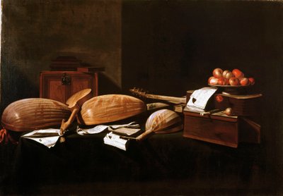 Naturaleza muerta con melocotones e instrumentos musicales. Pintura de Evaristo Baschenis (1617-1677) siglo XVII Bérgamo, Colección Privada de Evaristo Baschenis