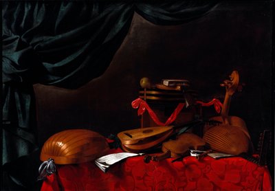 Naturaleza muerta con instrumentos musicales y una pera de Evaristo Baschenis