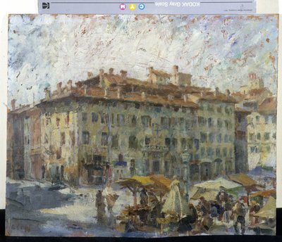 Mercato in Piazza Grande a Modena (Marcha en la Plaza Grande de Módena) (óleo sobre lienzo) de Evaristo Cappelli