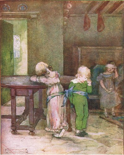 Ella tomó su pañuelo azul y ató a Lucy y Henry a la mesa (de la historia Un día infeliz), ilustración de Una escalera de historias publicada por Thomas Nelson & Sons Ltd 1940s de Evelyn Beale