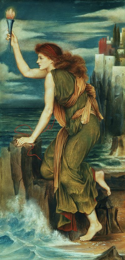 Hero esperando el regreso de Leandro, 1885 de Evelyn De Morgan