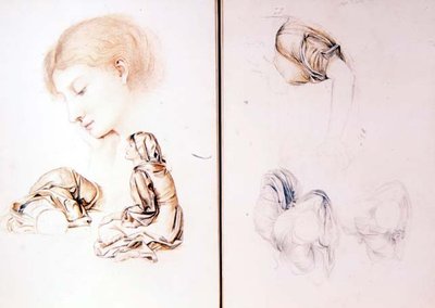 Seis estudios de modelos femeninas, dos páginas de uno de los cuadernos de bocetos del artista de Evelyn De Morgan