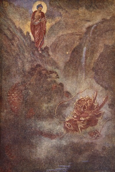 Buda y el dragón, ilustración de "The Myths and Legends of Japan" de F. Hadland Davis de Evelyn Paul