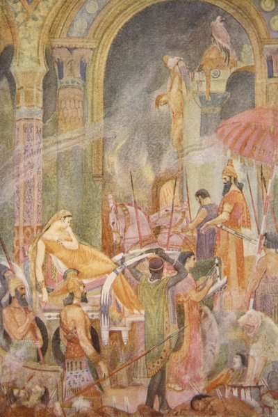 Captura de Sarrapanu por Tiglat-Pileser II, ilustración de "Myths and Legends of Babylonia and Assyria" de Lewis Spence de Evelyn Paul