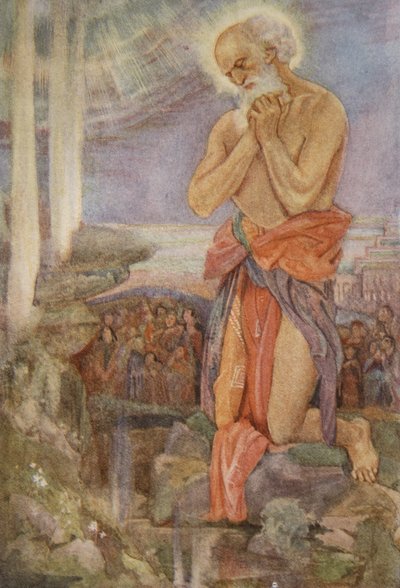 Elías venciendo a los sacerdotes de Baal, ilustración de "Mitos y leyendas de Babilonia y Asiria" de Lewis Spence de Evelyn Paul
