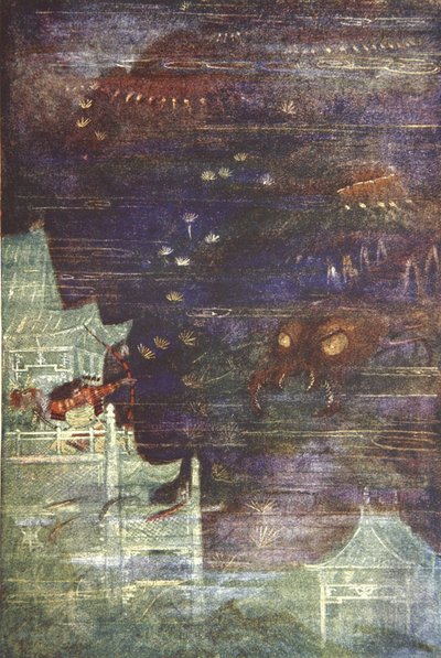 Hidesato y el ciempiés, ilustración de "The Myths and Legends of Japan" de F Hadland Davis de Evelyn Paul