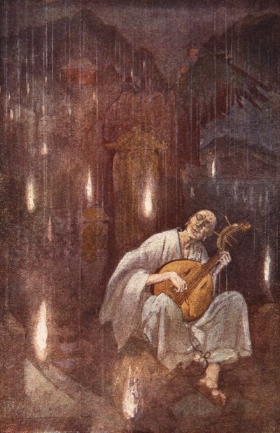 Hoichi-the-Earless, ilustración de "The Myths and Legends of Japan" de F. Hadland Davis de Evelyn Paul