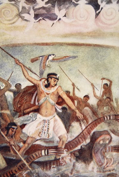 Horus en la batalla, ilustración de "The Myths of Ancient Egypt" de Lewis Spence de Evelyn Paul