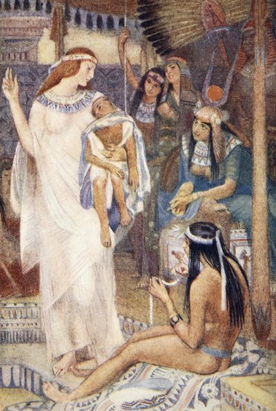 Isis y el bebé príncipe, ilustración de "The Myths of Ancient Egypt" de Lewis Spence de Evelyn Paul