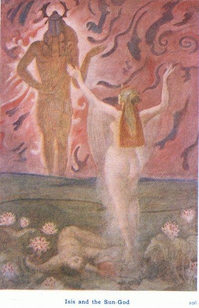 Isis y el dios del sol Ra (litografía en color) de Evelyn Paul