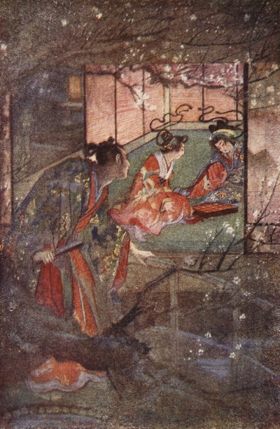 Kato Sayemon en el Palacio del Shogun Ashikaga, ilustración de "The Myths and Legends of Japan" de F. Hadland Davis de Evelyn Paul