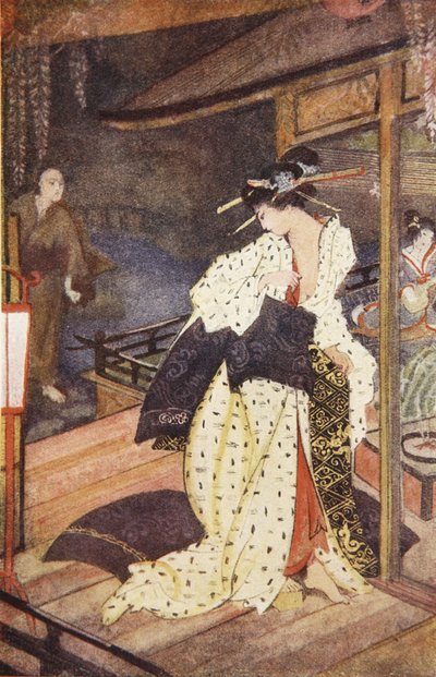 Kiyo y el sacerdote, ilustración de "The Myths and Legends of Japan" de F. Hadland Davis de Evelyn Paul