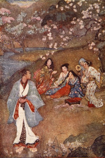 Shinge y Yoshisawa junto al Pozo Violeta, ilustración de "The Myths and Legends of Japan" de F. Hadland Davis de Evelyn Paul