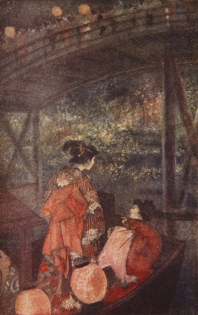 La batalla de las luciérnagas, ilustración de "The Myths and Legends of Japan" de F. Hadland Davis de Evelyn Paul