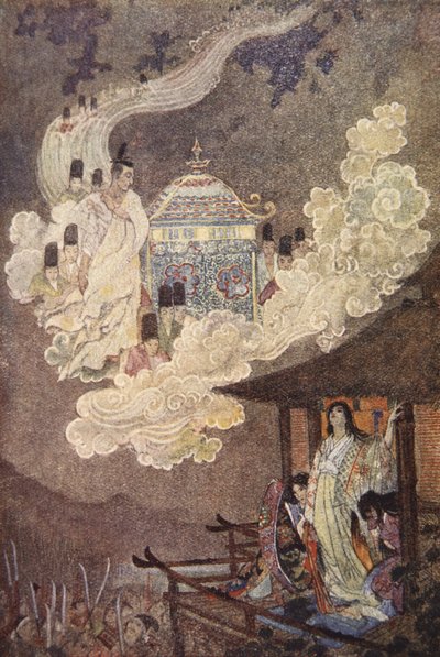 Los habitantes de la luna demandan a Lady Kaguya, ilustración de "The Myths and Legends of Japan" de F Hadland Davis de Evelyn Paul