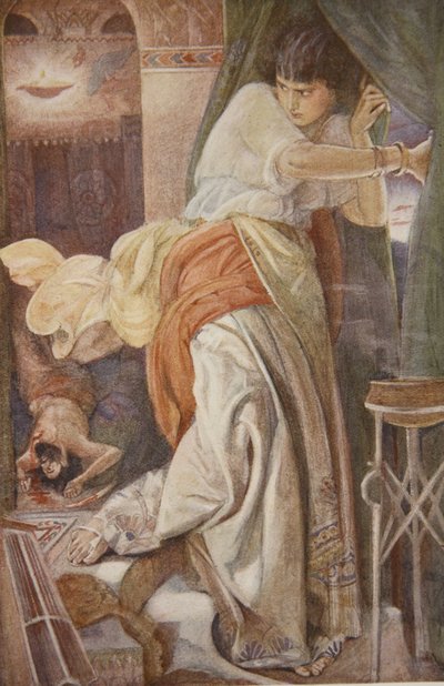 El asesinato de Setapo, ilustración de "Myths and Legends of Babylonia and Assyria" de Lewis Spence de Evelyn Paul