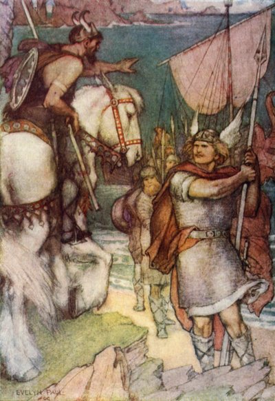 El guardián desafía a Beowulf (litografía en color) de Evelyn Paul