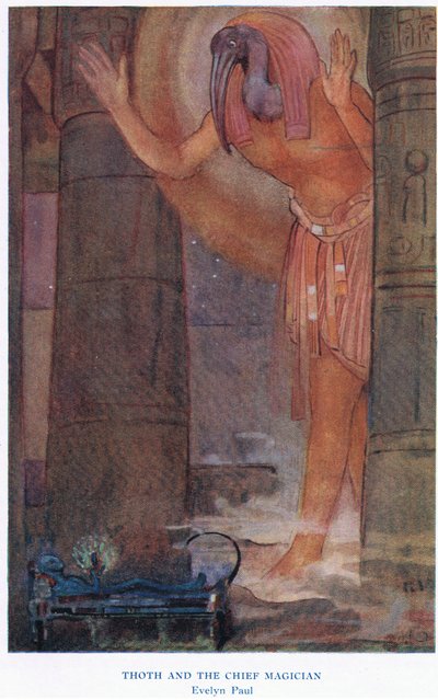 Toth y el jefe de los magos, ilustración de "El libro de los mitos" (litografía en color) de Evelyn Paul