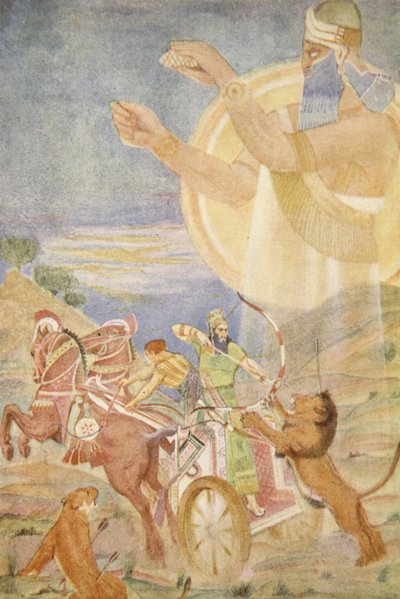Tiglat-Pileser I dirigido por Ninib, ilustración de "Myths and Legends of Babylonia and Assyria" de Lewis Spence de Evelyn Paul