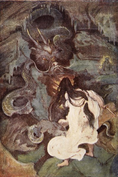 Tokoyo y la serpiente de mar, ilustración de "The Myths and Legends of Japan" de F. Hadland Davis de Evelyn Paul