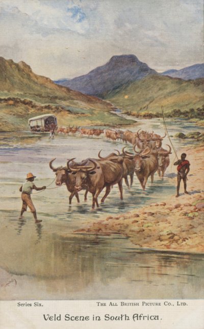Agricultores arreando ganado, Sudáfrica (litografia en color) de Evelyn Stuart Hardy