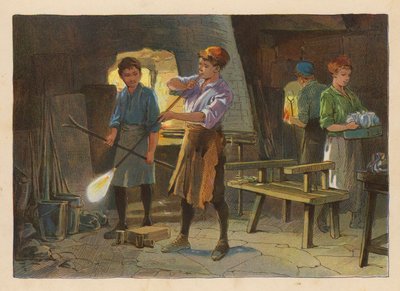 Pequeños trabajadores: Soplado de vidrio (litografía en color) de Evelyn Stuart Hardy