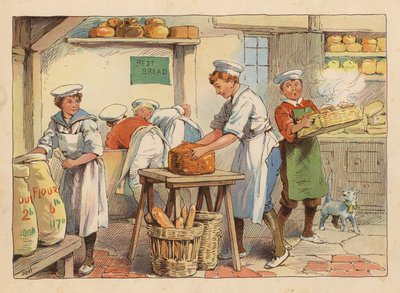 Pequeños trabajadores: Los panaderos (litografía en color) de Evelyn Stuart Hardy
