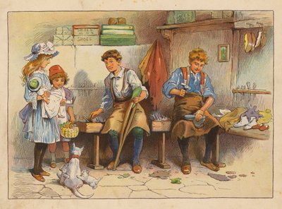 Pequeños trabajadores: El fabricante de botas y zapatos (litografía en color) de Evelyn Stuart Hardy