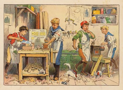 Pequeños trabajadores: El carpintero (litografía en color) de Evelyn Stuart Hardy