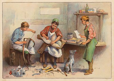 Pequeños trabajadores: El guarnicionero y el guarnicionero (litografía en color) de Evelyn Stuart Hardy