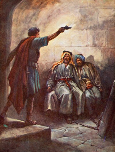 Pablo y Silas en prisión (litografia en color) de Evelyn Stuart Hardy