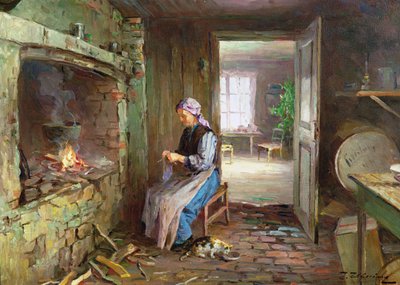 Mujer tejiendo junto a la chimenea (óleo sobre lienzo) de Even Ulving