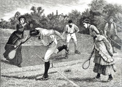Grabado que representa un amistoso partido de dobles de tenis de Everard Hopkins