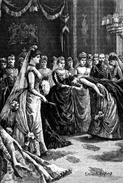 La reina Victoria recibe a los invitados en un salón de Buckingham Palace, finales del siglo XIX de Everard Hopkins