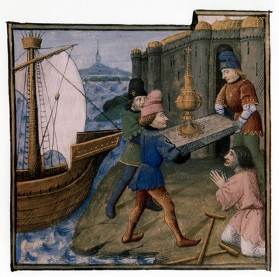 Leyenda artúrica: Galaad, Perceval y Bohort trayendo el Holay Grial en Palestina: el Grial va a curar al mendigo inválido, iluminación de Evrard d