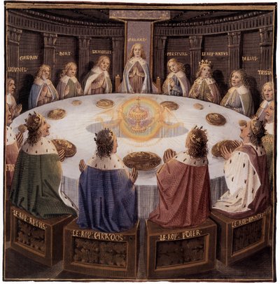 La leyenda artúrica: los caballeros de la mesa redonda: Galaad (Galahad) en el Asiento Peligroso, aparece el Santo Grial, iluminación de Evrard d