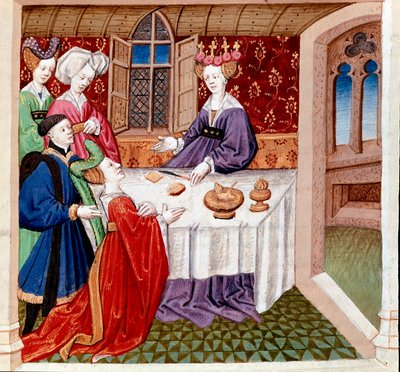 Iseut (o Iseult) implora la protección de la reina Guenevre sentada a su mesa. Miniatura extraída del "Romanesque du Chevalier Tristan et de la reine Yseult" de Gassien de Poitiers iluminado por Everard de Espinques (Evrard d