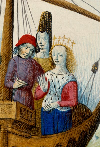 La reina Iseult (Iseult) de Tristán y se embarcaron para el reino de Logres Miniatura tomada del "Románico del Caballero Tristán y la Reina Yseult" de Gassien de Poitiers iluminado por Everard de Espinques (Evrard d