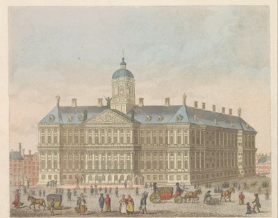Palacio Real en la Plaza Dam, hacia 1810-1813 Vue du Palais Roijal, et de la Place le Dam (título sobre el objeto) de Evert Maaskamp