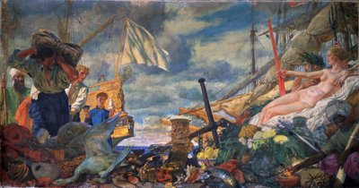 Allegorie du commerce international (Alegoría del comercio internacional). Pintura de Evgeny Evgenyevich Lanceray (Eugene Lansere) (1875-1946), huile sur toile. Arte ruso, finales de 19e-principios de 20e siecle. Galería Estatal Tretyakov, Moscú. de Evgeni Evgenievitch Lanceray