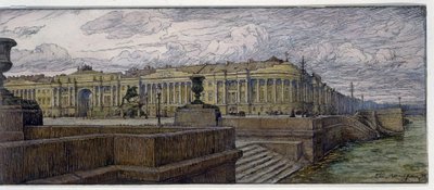 La place du Senat a Saint Petersbourg (La plaza del Senado en San Petersburgo). Description des batiments sur la rive de la Neva. Obra de Evgeny Evgenyevich Lanceray (Eugene Lansere) (1875-1946), litografía de Evgeni Evgenievitch Lanceray