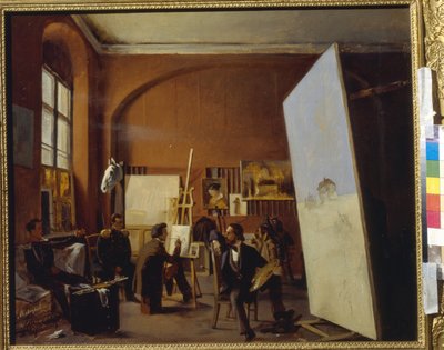 El estudio del pintor Conde Vasily Maksutov (Estudio del pintor Conde V. Maksutov). Pintura de Yevgraf Semyonovich Sorokin (1821-1892), óleo sobre lienzo de Evgraf Sorokine