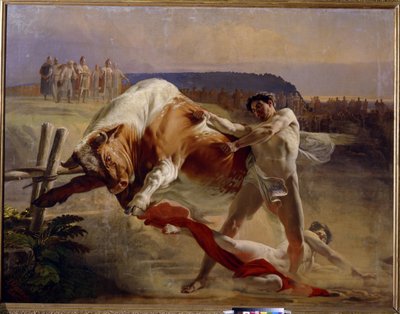 El enfrentamiento de Jan (Ian) Usmar (Usmovich, Usmoshvets). (La Prueba de Fuerza de Yan Usmovets). Héroe legendario tradicional ruso, puesto a prueba por el Gran Duque Vladimir (circa 960-1015) para detener un toro con sus propias manos. Pintura de Yevgra de Evgraf Sorokine