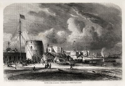 Puerto de la ciudad de Zanzíbar (actual Tanzania), dibujo de Evremond de Bérard (1824-1881), para ilustrar el viaje del Capitán Burton a los Grandes Lagos de África Oriental en 1857-1859. Grabado en "Le tour du monde, nouveau journal des voyages" París de Evremond de (after) Berard