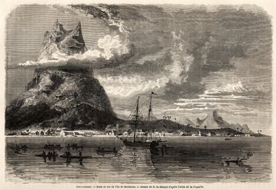 Rada y pico de la isla de Borabora, dibujo de Evremond Auguste de Berard (1824-1881), para ilustrar el viaje de un naturalista en el archipiélago de Galápagos y las islas de coral, en 1858 por Charles Darwin (1809-1882). Grabado en “” Le tour du mond de Evremond de (after) Berard