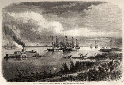 Barco y remolcador en el Mississippi, dibujo de Evremond Auguste de Berard (1824-1881), para ilustrar el viaje a Nueva Orleans en 1855 por Elysee (Elisee) Reclus (1830-1905). Grabado en “Le tour du monde, nouveau journal des voyages” París de Evremond de (after) Berard
