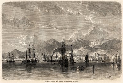El puerto de España, en Trinidad (Trinidad y Tobago), dibujo de Evremond Auguste de Berard (1824-1881) para ilustrar los viajes a las Indias Occidentales en 1858-1859 por Anthony Trollope (1815-1882). Grabado en "Le tour du monde, nouveau journal des voyag de Evremond de (after) Berard