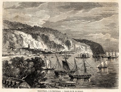 Vista de Saint Pierre, en Martinica, dibujo de Auguste de Bérard (1824-1881), para ilustrar los viajes a las Indias Occidentales, en 1858-1859, por Anthony Trollope (1815-1882). Grabado en "Le tour du monde, nouveau journal des voyages" París de Evremond de (after) Berard
