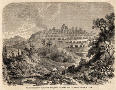 Vista de Tananarive, capital de Madagascar, dibujo de Evremond de Berard (1824-1881), para ilustrar el viaje de Ida Pfeiffer a Madagascar en 1857. Grabado en "Le tour du monde" 1861. Colección de Selva. de Evremond de (after) Berard