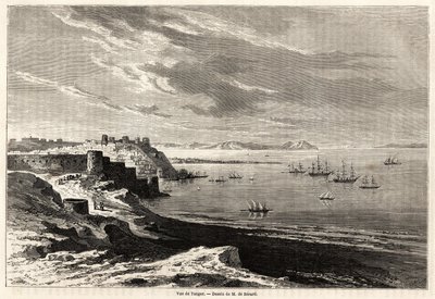 Vista de Tánger (Marruecos), dibujo de Evremond de Bérard (1824-1881), para ilustrar las notas de viaje de M.F.Schickler a Marruecos. Grabado en "Le tour du monde, nouveau journal des voyages" París de Evremond de (after) Berard